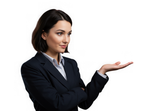 Businesswoman presenting with open hand isolated on transparent background