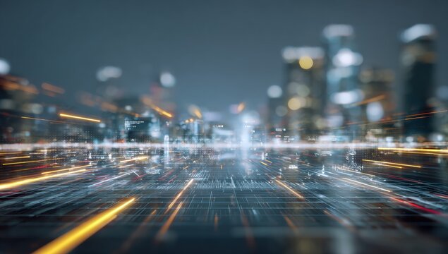 Blurred cityscape at night, with streaked light trails