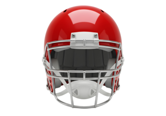 A close-up, front-facing view of a striking red American football helmet with a white face mask, ready for action