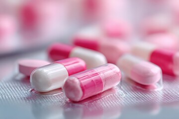 Close-up of pink and white capsules in blister pack