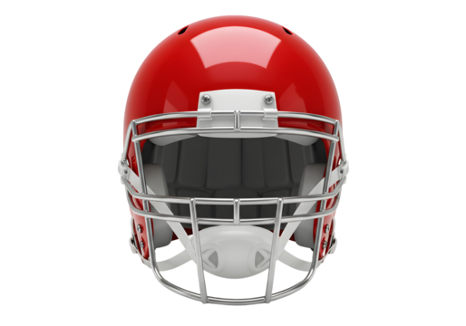 A close-up, front-facing view of a striking red American football helmet with a white face mask, ready for action - Powered by Adobe