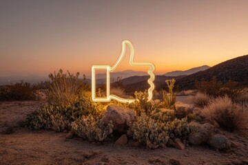 Illuminated thumbs up symbol in desert landscape at sunset