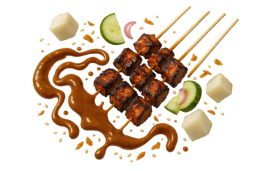 Authentic grilled satay with peanut sauce and sides, isolated cut-out