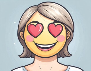Cartoon woman with hearts in her eyes, smiling
