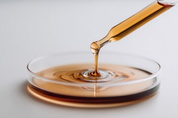 Amber liquid being dispensed into a petri dish