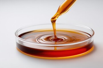 Amber liquid drips from pipette into petri dish