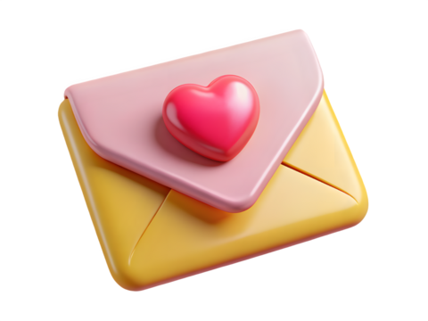 3d render of a yellow envelope with a pink flap and a red heart
