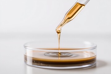 Amber liquid drips from pipette into petri dish (1)