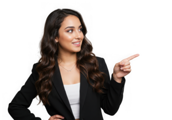 Young woman in black blazer pointing to the right isolated on transparent background