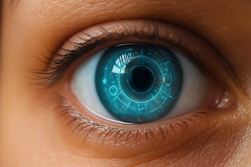 Close-up of a human eye with a futuristic digital iris glowing blue, symbolizing advanced technology, innovation, and biometric scanning in a cybernetic future.