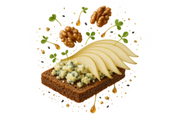 Open sandwich with pear, blue cheese and walnuts isolated on transparent background