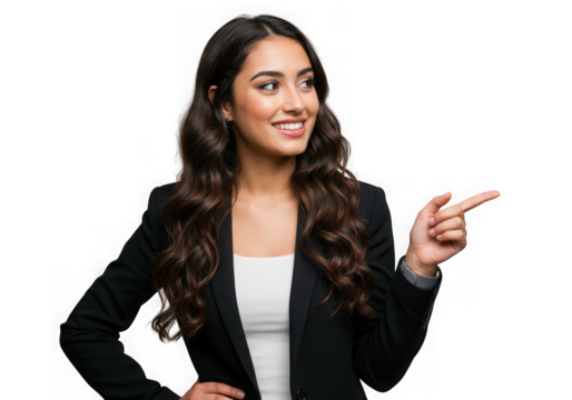 Smiling businesswoman pointing to the right isolated on transparent background