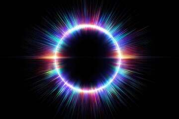 A vibrant, multicolored ring of light radiates outwards against a pitch-black background, creating a striking, symmetrical, and energy-filled composition