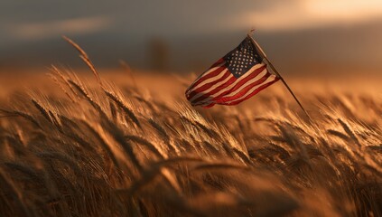 American flag in a golden wheat field at sunset (2)