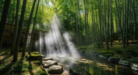 Obraz premium Sunbeams Over Tranquil Bamboo Forest Hot Spring