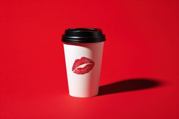 A single coffee cup, against a vibrant red background, features a kiss-shaped design