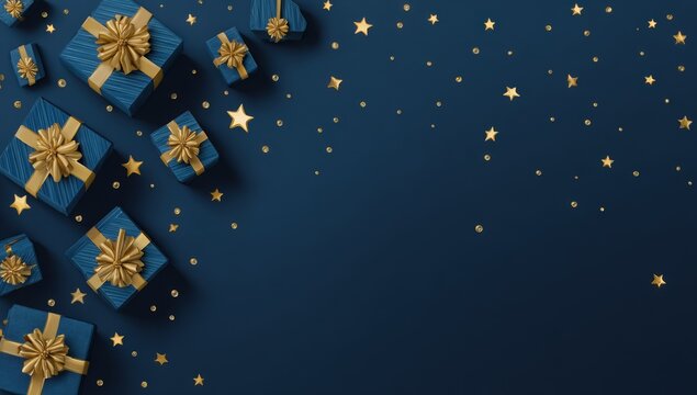 Dark blue background with gift boxes and gold stars - Powered by Adobe