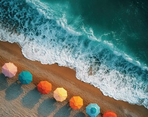 Colorful beach umbrellas line the shoreline