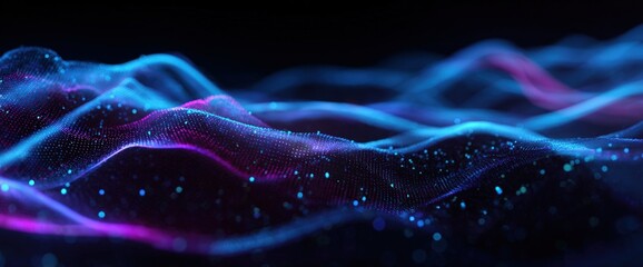 Abstract digital landscape of undulating lines and particles