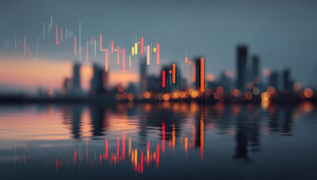 Blurry cityscape at twilight with financial data overlay