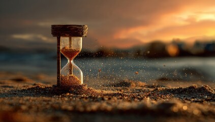 Hourglass at sunset on sand