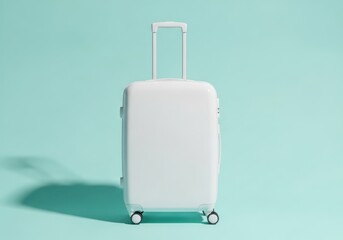 Stylish modern white suitcase with wheels on a mint green background simple design with clean lines