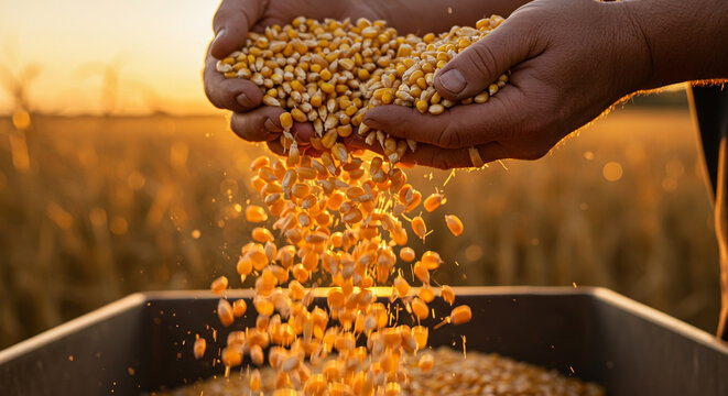 Close-up of farmer's hands holding and pouring golden corn kernels into a container during a bountiful harvest at sunset