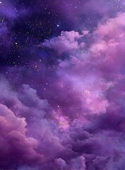 A dreamy, vertical image depicting a cosmic scene with fluffy purple and pink clouds interspersed with a multitude of twinkling stars against a dark purple backdrop