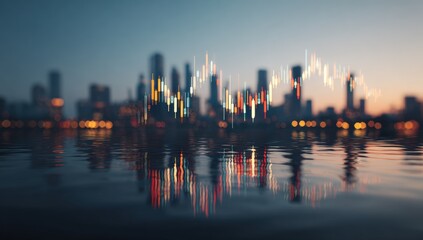 Blurred city skyline at twilight, with stock market charts reflected in water
