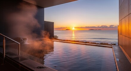 Obraz na płótnie Canvas Japanese Onsen with Sunset Sea View