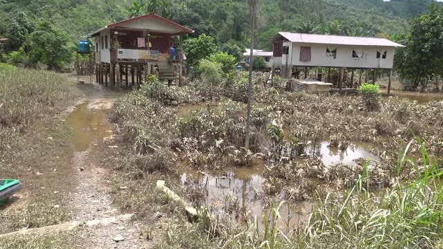 Flooding of a tropical river in a rainforest during the rainy season (monsoon), continuous-rain flood. The bungalows (pile dwellings)ended up in the water. Borneo Island, Malaysia, January