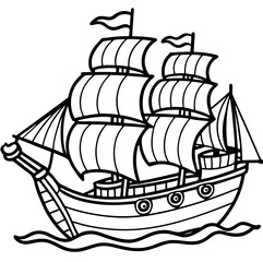 A vector illustration of a pirate ship silhouette with a big sail sailing on the sea