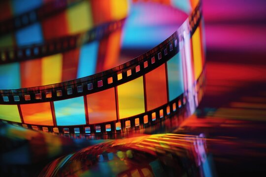 Colorful film strip. Vibrant, abstract view of a coiled film strip, with a variety of bold colors