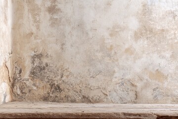 Aged, weathered wall with wooden shelf