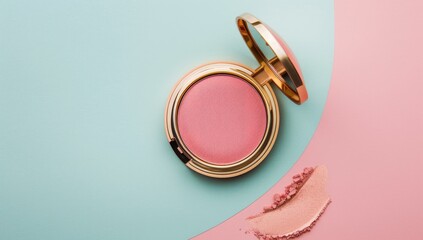 A round, pink blush compact with a gold lid rests on a pastel blue and pink background. A small swatch of the blush is visible nearby