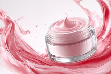 Pink cosmetic cream in a jar, surrounded by swirling, splashing liquid