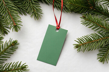 Holiday Mockup with Green Label and Red Ribbon