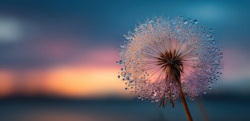 Dew-kissed dandelion at sunset