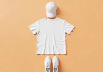 Stylish white t shirt cap and sneakers on a peach background blank apparel mockup for design