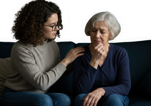 Young woman comforting an upset elderly woman isolated on transparent background - Powered by Adobe