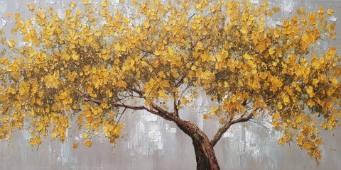 Abstract painting of a majestic yellow-leaved tree against a soft gray backdrop