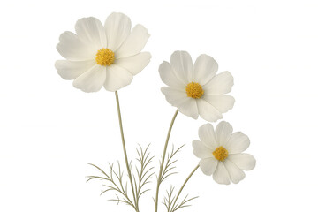 Fototapeta premium Three delicate white cosmos flowers blooming gracefully on transparent background, perfect for nature-themed projects