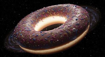 Donut with chocolate glaze and sprinkles in outer space background  