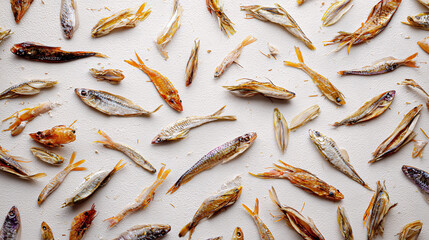 An overhead view of numerous small dried fish scattered randomly on a clean white background.