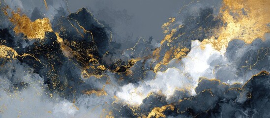 Abstract painting of dramatic clouds with gold accents