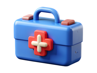 Blue cartoon first aid kit with red cross symbol on black background