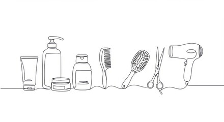 Hair care products and tools in minimalist line art style  