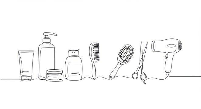 Hair care products and tools in minimalist line art style  