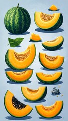 Digital illustration of a whole and sliced cantaloupe and watermelon
