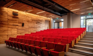Auditorium with red seats and wooden walls